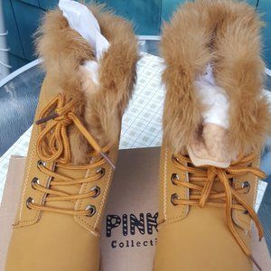 Fur & Shearling Trim Lug Boots Vegan Suede Booties